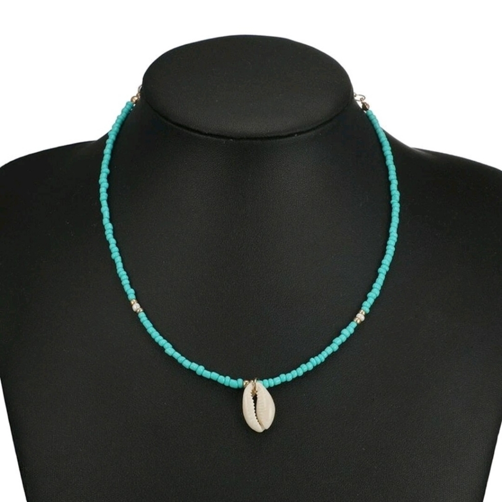 Blue Cowrie Shell Charm Turquoise Seed Bead Choker Necklace Summer Boho Jewelry